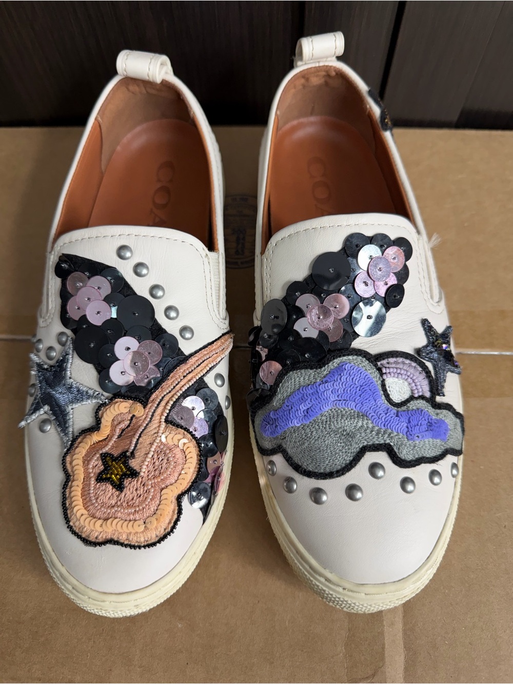 Coach White Slip-On Sneakers with Pink, Black & Purple Appliqués